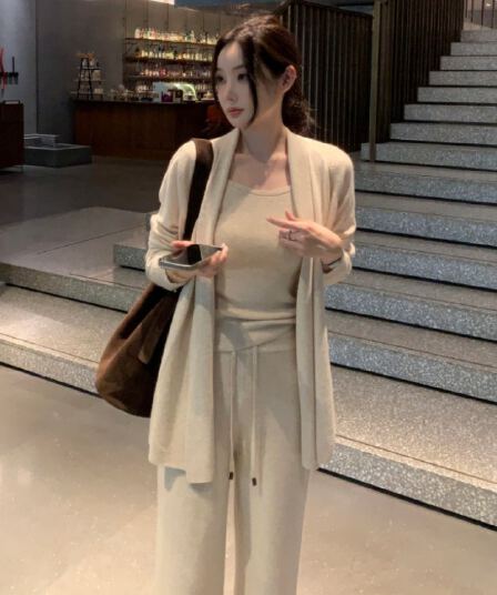 있음 선적 사이즈 업데이트 한국 chic 가을 겨울 고급 센스 캐미솔 카디건 코트 와이드 레그 팬츠 3종 세트