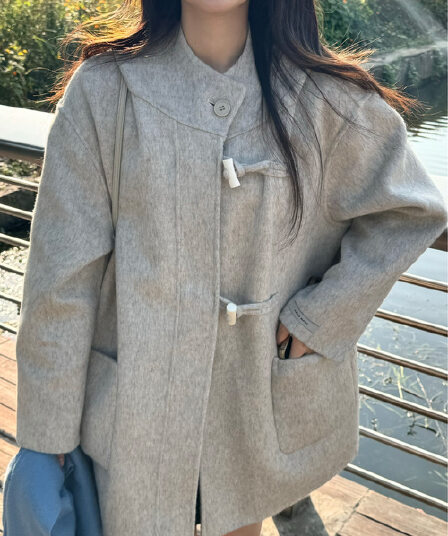 있음 선적 사이즈 업데이트 한국 chic 겨울 프랑스식 학원 스타일 소뿔 후드 미니멀리즘 슬림해 보이는 모직 코트
