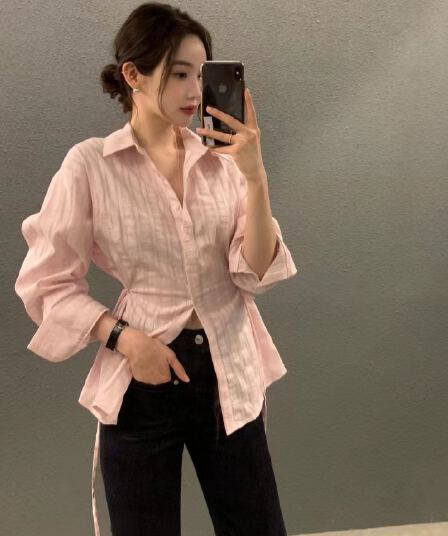 있음 선적 사이즈 업데이트 chic 가을 겨울 새로운 스트라이프 폴로 칼라 레이스업 긴팔 셔츠 여성 몸매 가꾸기 슬림해 보이는 셔츠