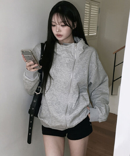 한국 chic 가을 겨울 새로운 한 부서 불규칙 지퍼 후드티 재킷