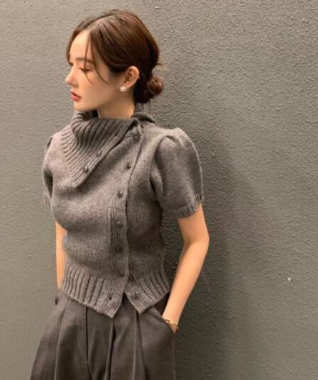 있음 선적 사이즈 업데이트 한국 chic 가을 새로운 프랑스식 레트로 불규칙 반하이넥 디자인 센스 스웨터