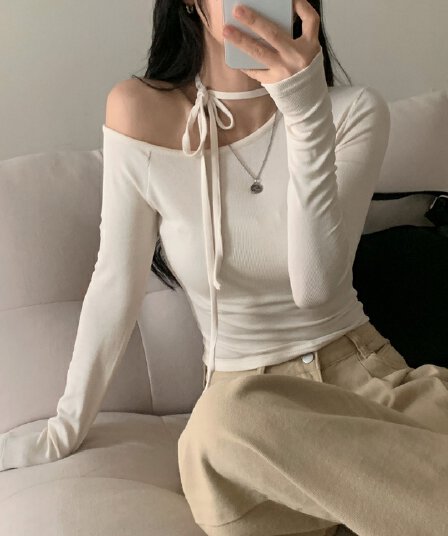 있음 선적 사이즈 업데이트 한국 chic 가을 프랑스식 이슬 쇄골 레이스업 긴팔 티셔츠 몸매 가꾸기 만나는 맨위