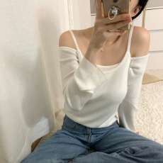 批发已出货尺码更新韩国chic秋<b class='q'>冬</b>新款简约时尚一字领+吊带针织套装