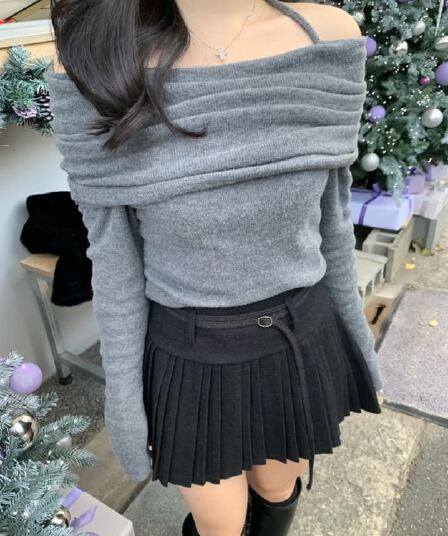 있음 선적 사이즈 업데이트 한국 chic 가을 겨울 새로운 ins 행침 목 레이스업 주름 층 보트넥 긴 소매 셔츠