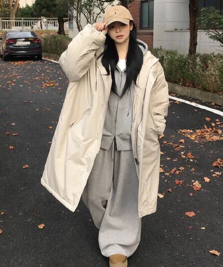 한국 chic 겨울 새로운 한 부서 캐주얼 루즈핏 Parker 롱 코트 두꺼운 면 의류
