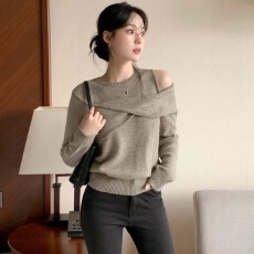 批发已出货尺码更新<b class='q'>韩国</b>chic秋冬新款ins甜美设计感露肩百搭针织衫