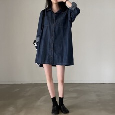 批发已出货尺码更新秋季复古简约翻领明线<b class='q'>牛仔</b>衬衫女宽松减龄衬衣裙