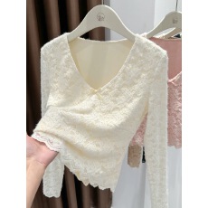 批发绝美V领蝴蝶结蕾丝加绒打底衫女内搭收腰显身材小衫低领<b class='q'>长袖</b>上衣