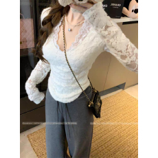 批发大码胖mm纯欲风V领蕾丝加绒长袖T恤女秋冬内搭修身<b class='q'>显瘦</b>打底衫上衣