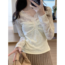 批发大码胖mm纯欲风V领蕾丝加绒长袖T恤女秋冬内搭修身<b class='q'>显瘦</b>打底衫上衣