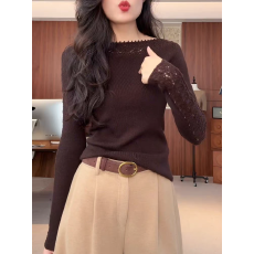 批发镂空拼接咖色针织<b class='q'>打底衫</b>女秋冬内搭2025年新款<b class='q'>修身</b>一字肩长袖上衣