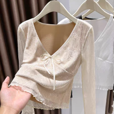 批发纯欲设计感蝴蝶结<b class='q'>蕾丝</b>性感V领打底衫女秋冬收腰显瘦薄款小衫