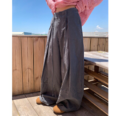 批发灰色抽绳阔腿裤女2025秋季新款宽松褶皱休闲直筒长裤子