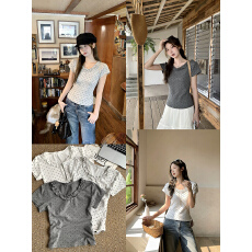 批发实拍2026短袖T恤夏新款设计感波点修身显瘦正肩上衣女