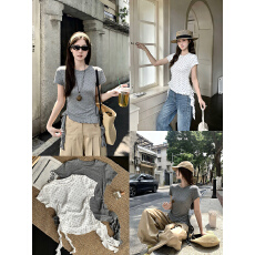 批发实拍2026短袖T恤夏新款设计感不规则波点修身显瘦正肩上衣女