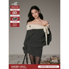 批发Moster Timnothy原创<b class='q'>一字肩</b>蝴蝶结厚款<b class='q'>连衣裙</b>氛围感针织长袖毛衣
