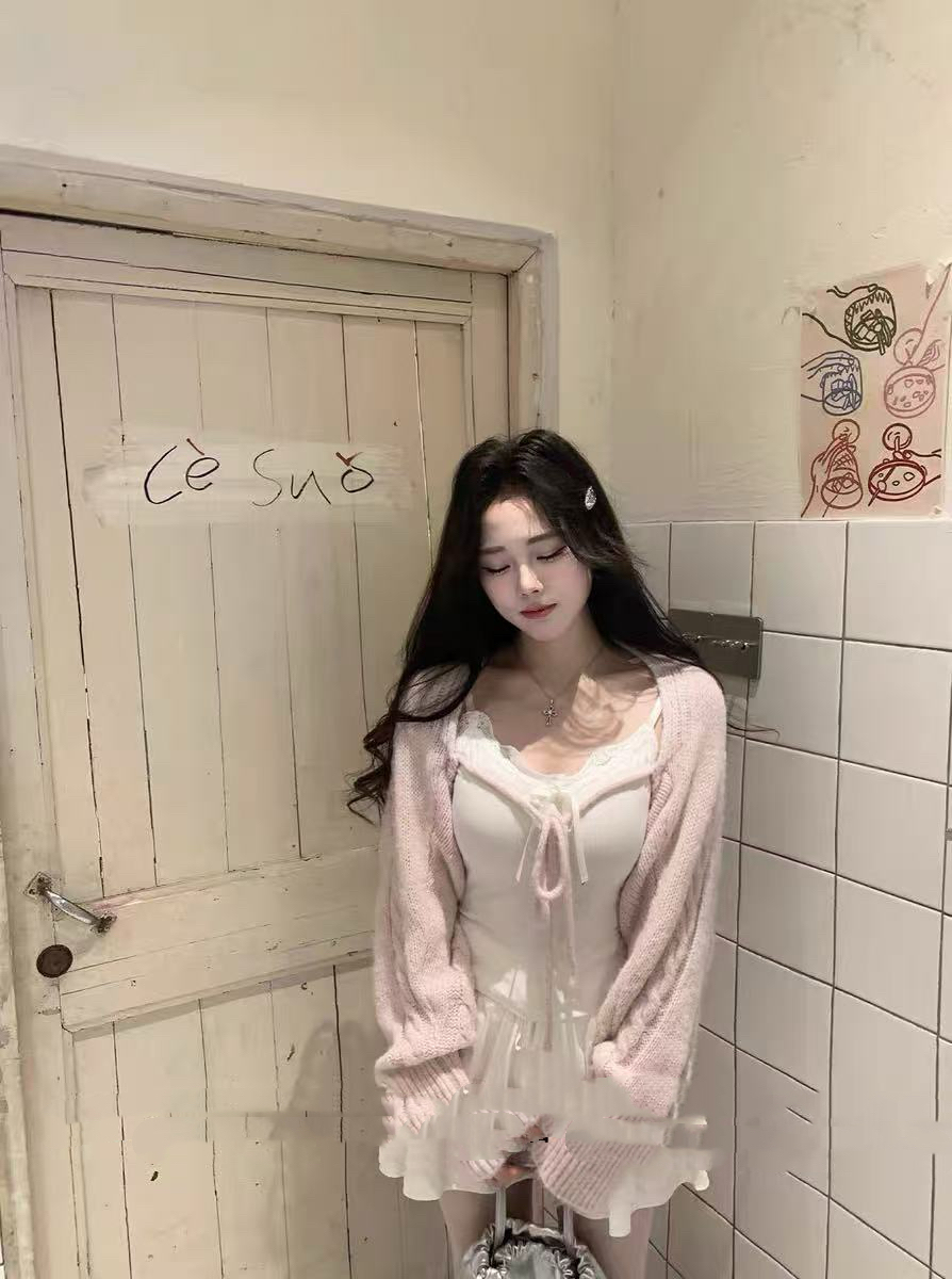 장 원 영어 같은 단락 threeti 한국 작은 대중 디자인 느긋한 바람 쇼트 스타일 레이스업 니트 숄 오픈 가디건 여성