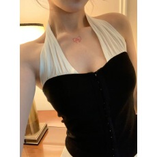 批发sheepland黑白梦境 撞色拼接挂脖吊带背心女春夏收腰显瘦束胸上衣