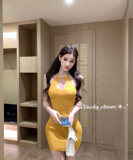 먼지 덩 덩 니트 행침 목 여성 드레스 2026 여름 새로운 섹시함 홀로우 아웃 타이트 스커트 허리 수축 치마