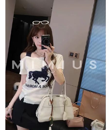 수영하다 사슴 사슴 블루 좋은 주간 실크 배색 무거운 작업 핫픽스 작은 말 비스듬한 어깨 반팔 티셔츠 여성 여름 몸매 가꾸기 슬림해 보이는 맨위