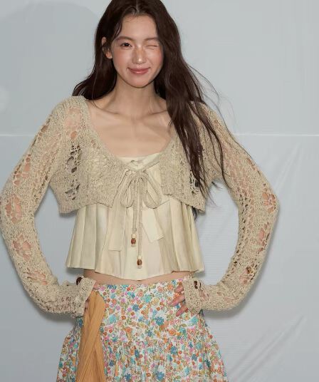 soolrok 소나무 아니요 라임 하나 여름 오리지널 패치워크 니트 홀로우 아웃 쇼트 스타일 다용도 자외선 차단 오픈 가디건 맨위