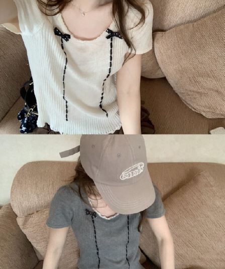 yoursjin miu 부서 레이스 나비 매듭 소녀 센스 니트 스웨터 반팔 t 닫기 피팅 면 100% 얇은 스타일