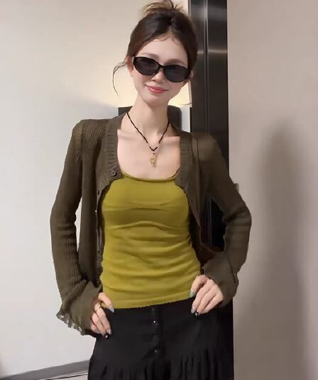 한 부서 캐주얼 몸매 가꾸기 슬림해 보이는 니트 오픈 가디건 캐미솔 두 조각 여성 세트 여름 느긋한 착용 가져 가라. 다용도 세트