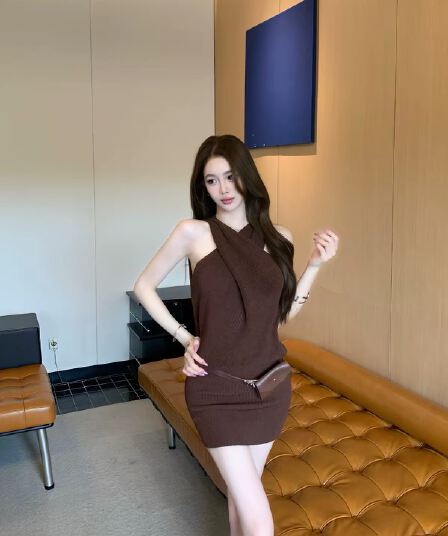 시드니 shirley 유리 아름다움 순수한 욕망 바람 행침 목 니트 미니 스커트 슬림해 보이는 섹시함 타이트 스커트 드레스