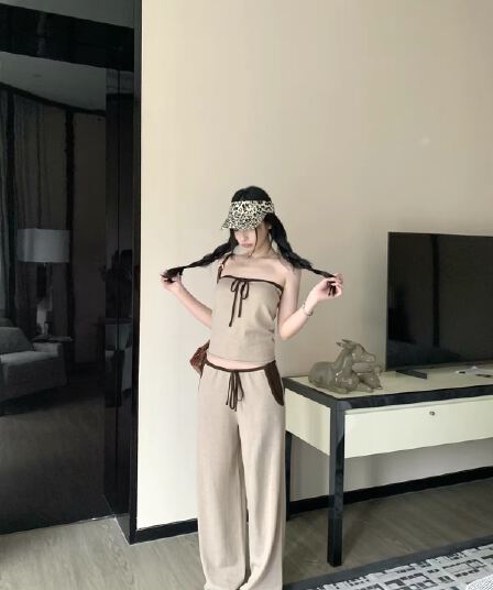 우 너무 달콤한 양모 배색 레이스업 튜브탑 조끼 여성 느긋한 바람 다용도 루즈핏 캐주얼 긴 바지 패션 세트