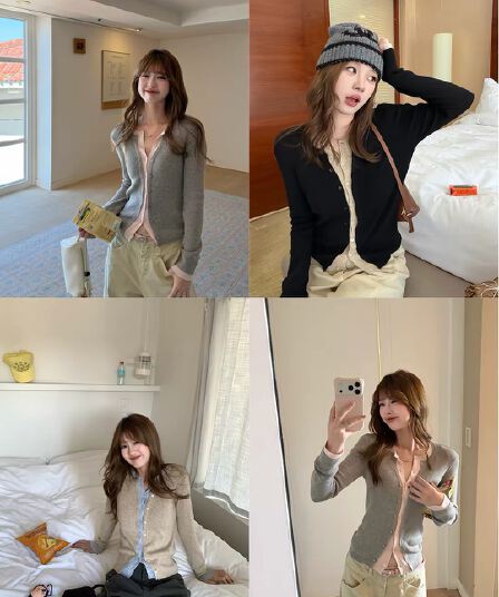 im ~까지 세련된 스택 음악 한 부서 계층의 감각 몸매 가꾸기 맨위 여성 페이크 레이어드 패치워크 색상 양모 니트 오픈 가디건