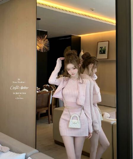 늦게 우산 우산 26 ss 바다 소금 향기로운 노래 주간 실크 양 털이 푸른 그리드 분말 그리드 오픈 가디건 조끼 반 스커트 3종 세트 그룹