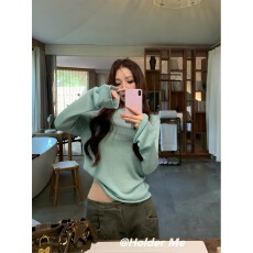 HOLDER韩国2026秋季新款慵懒一字领长袖针织衫女露背显瘦短款上衣