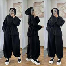 批发亚马逊跨境套装休闲运动套装春<b class='q'>秋</b>学宽松连帽束腰卫衣跑步两件套