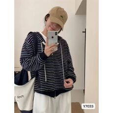批发韩系ootd条纹双拉链连帽包芯纱针织开衫2025秋冬新ins潮<b class='q'>文艺</b>清新M