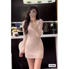 批发韩系ootd圆领针织连衣裙收腰净色2026<b class='q'>春</b>夏新ins潮时尚chic显瘦淑M