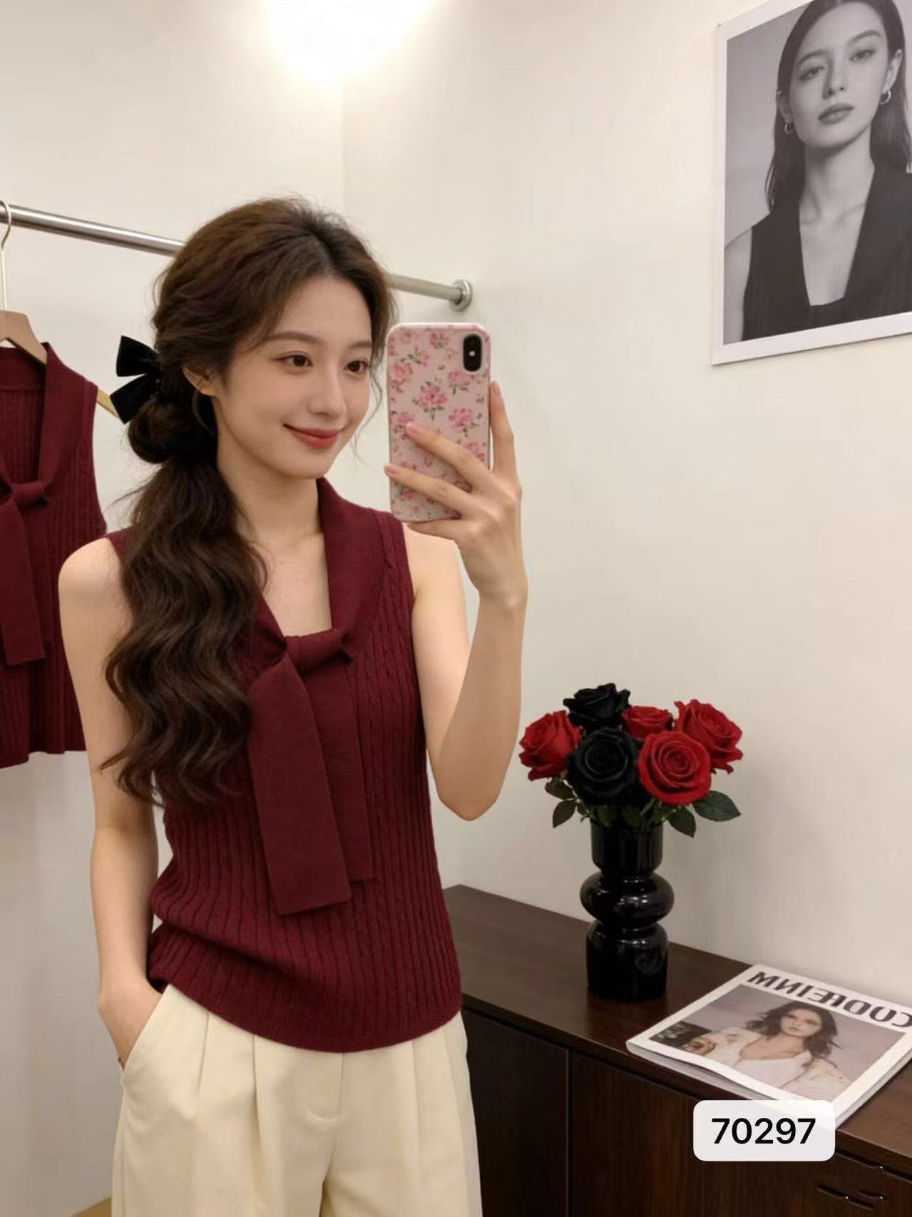 달콤한 핫걸 벨트 스카프 정오 소매 수직 곡물 니트 조끼 문예 지성 숙녀 2026 봄 아모이 ins 트렌디 ootdx