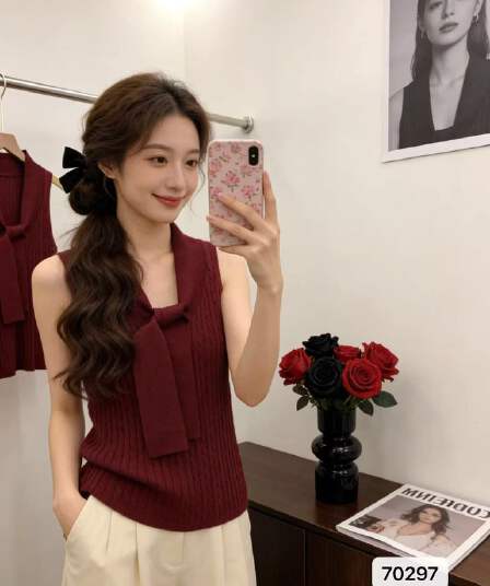 달콤한 핫걸 벨트 스카프 정오 소매 수직 곡물 니트 조끼 문예 지성 숙녀 2026 봄 아모이 ins 트렌디 ootdx