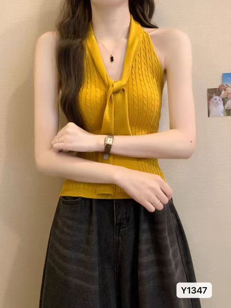 순수한 욕망 섹시함 비틀림 레이스업 행침 목 뒤로 레이스 조각 디자인 풀오버 니트 조끼 2026 봄 아모이 in