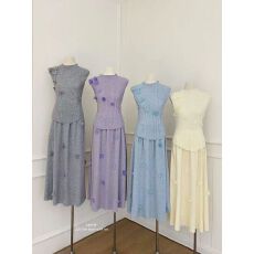 批发两件套小高领飞飞袖背心韩日搭配长群立体花针织仙女公主淑女大气