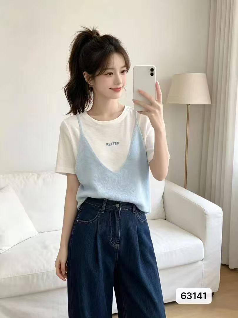 수 있습니다. 소금 달콤한 한일 otd 페이크 레이어드 패션 대양 라운드 넥 니트 패치워크 배색 반팔 2026 봄 아모이 ins 트렌디