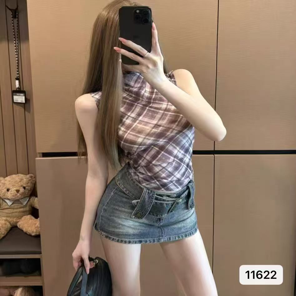 순수한 욕망 섹시함 반하이넥 체크무늬 망사 마이크로 시스루 풀오버 조끼 2026 봄 아모이 ins 트렌디 한일 ootdk