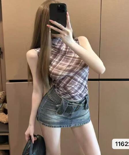 순수한 욕망 섹시함 반하이넥 체크무늬 망사 마이크로 시스루 풀오버 조끼 2026 봄 아모이 ins 트렌디 한일 ootdk