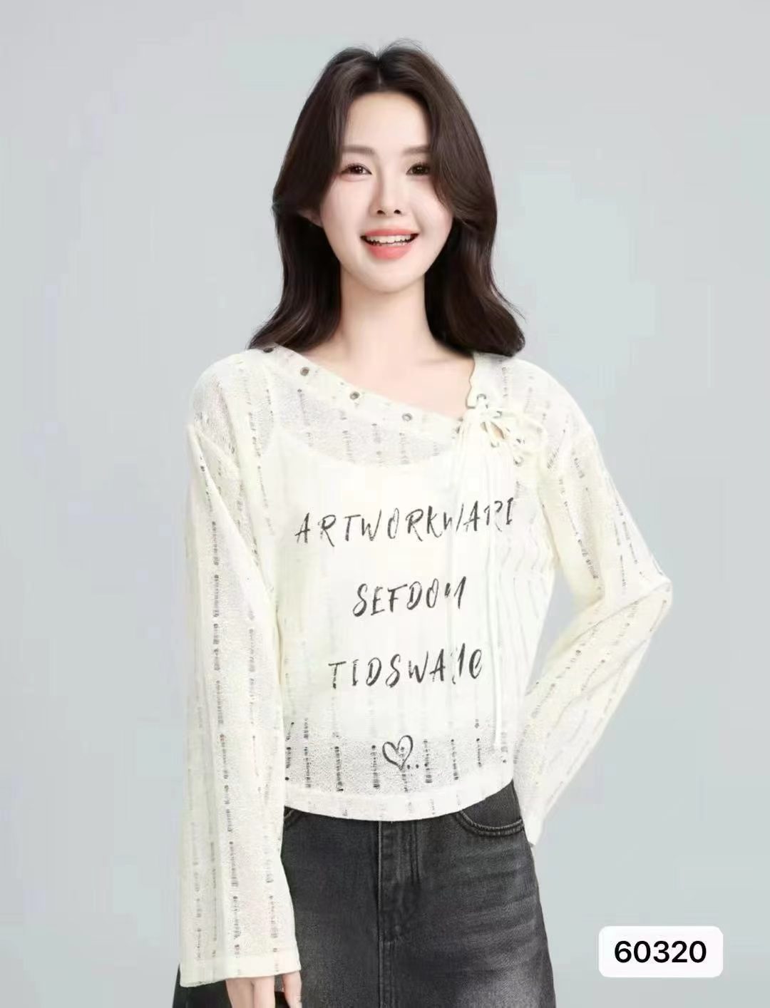 순수한 욕망 스트랩 프린트 긴팔 자외선 차단 얇은 블라우스 시스루 홀로우 아웃 니트 맨위 2026 봄 아모이 ins 트렌디 한 x
