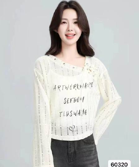 순수한 욕망 스트랩 프린트 긴팔 자외선 차단 얇은 블라우스 시스루 홀로우 아웃 니트 맨위 2026 봄 아모이 ins 트렌디 한 x
