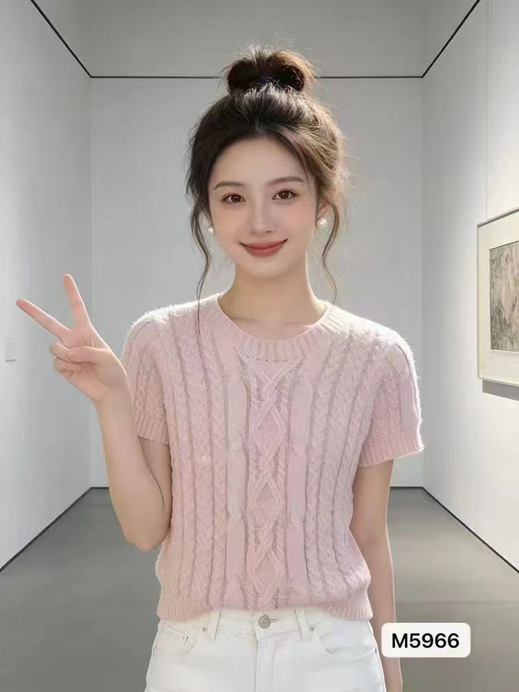 한 부서 신선함 라운드 넥 꽈배기 홀로우 아웃 니트 풀오버 반팔 맨위 2026 봄 아모이 ins 트렌디 분말 소녀 수 있습니다. a