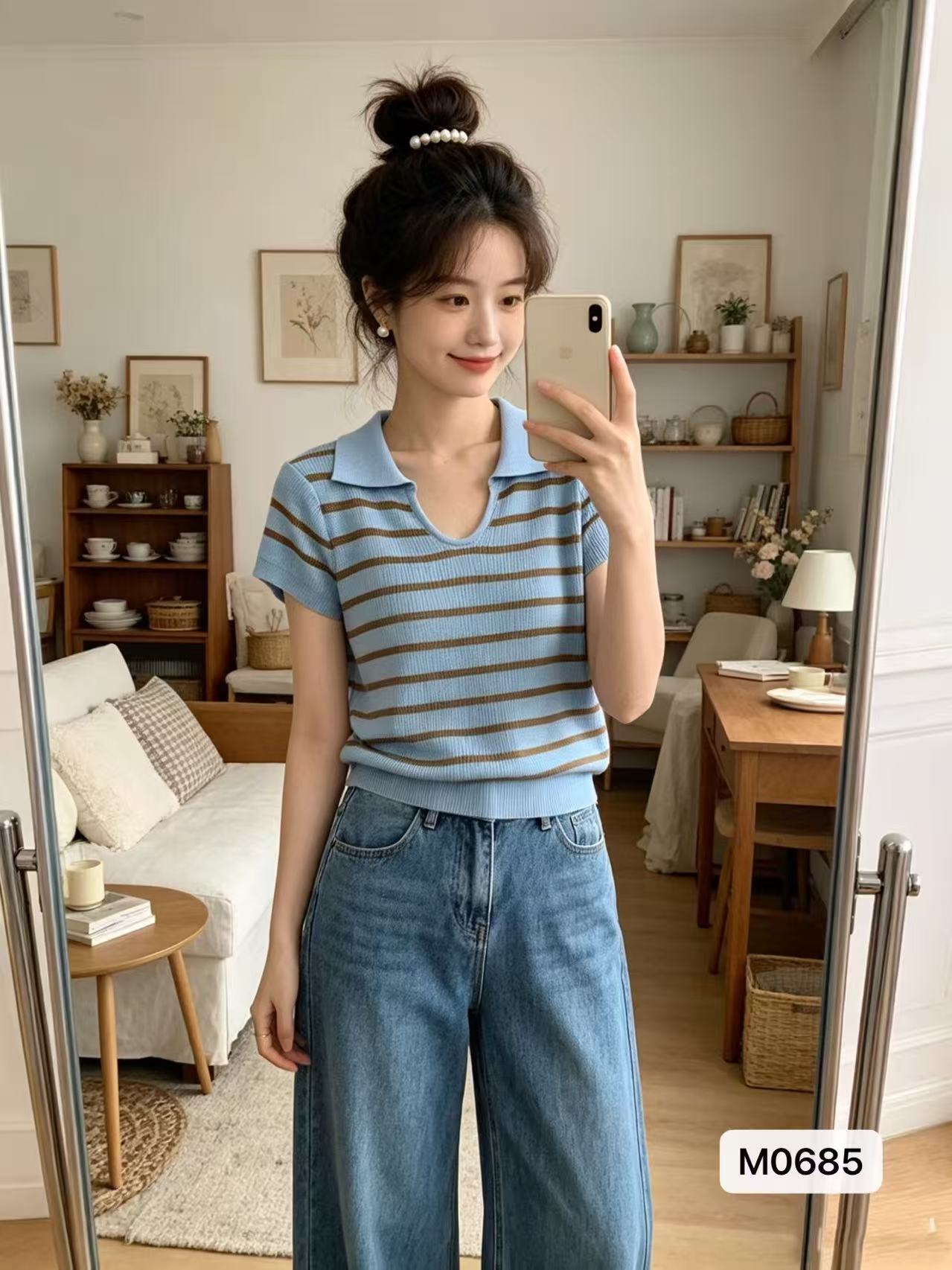 한 부서 ootd 연령 감소 폴로 칼라 V넥 배색 스트라이프 니트 풀오버 반팔 다용도 문예 2026 봄 아모이 ins
