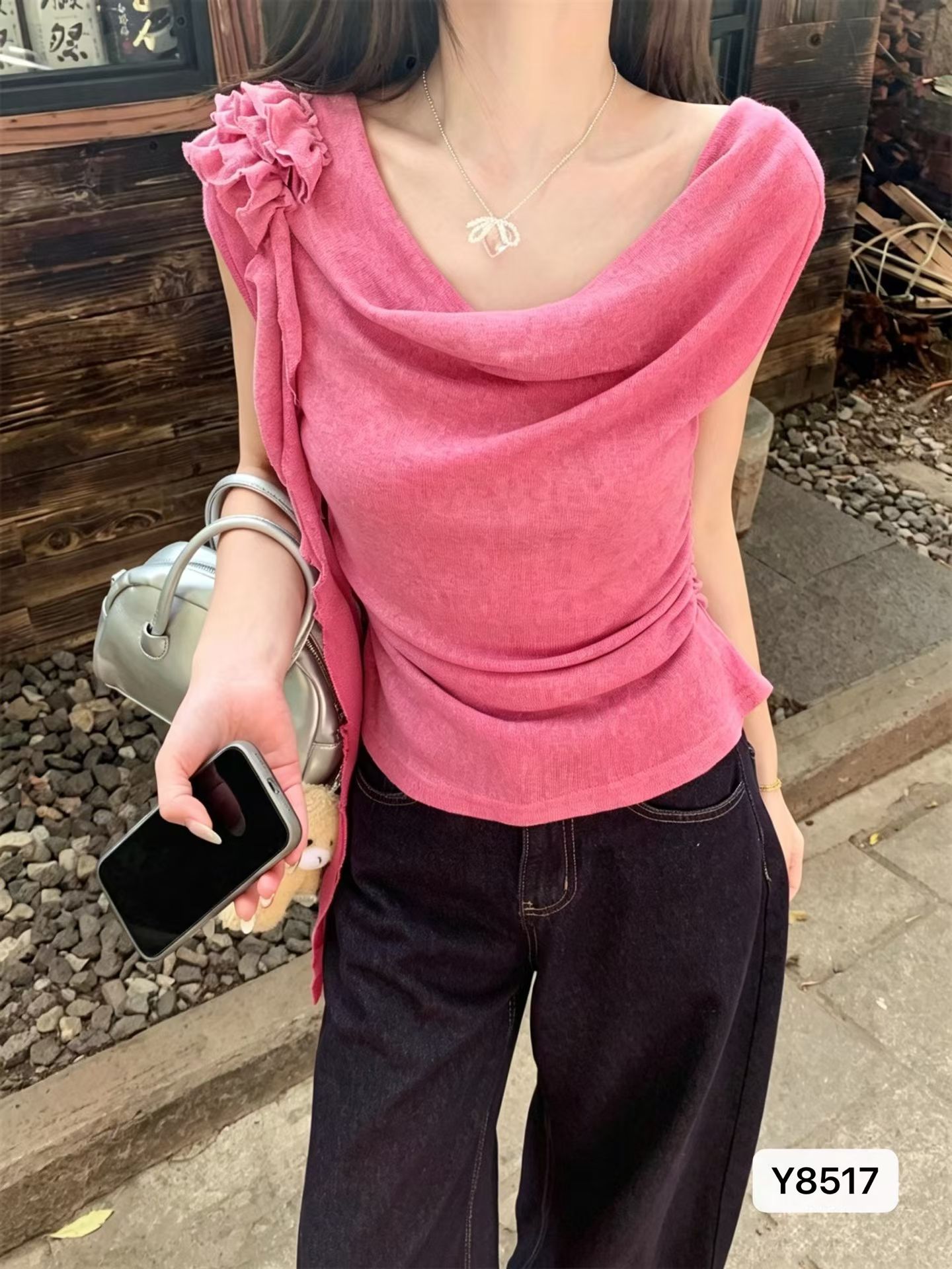 순수한 욕망 작은 대중 디자인 흔들다 칼라 리본 비스듬한 칼라 어깨 풀오버 반팔 도루 센스 허리 수축 2026 아모이 니트 ins 한 x
