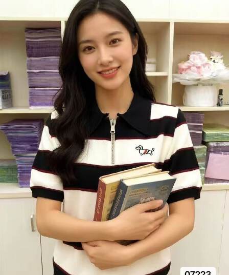 연령 감소 학원 스타일 폴로 칼라 지퍼 에디션 열린 가슴 강아지 자수 스트라이프 풀오버 반팔 니트 2026 년 봄 아모이
