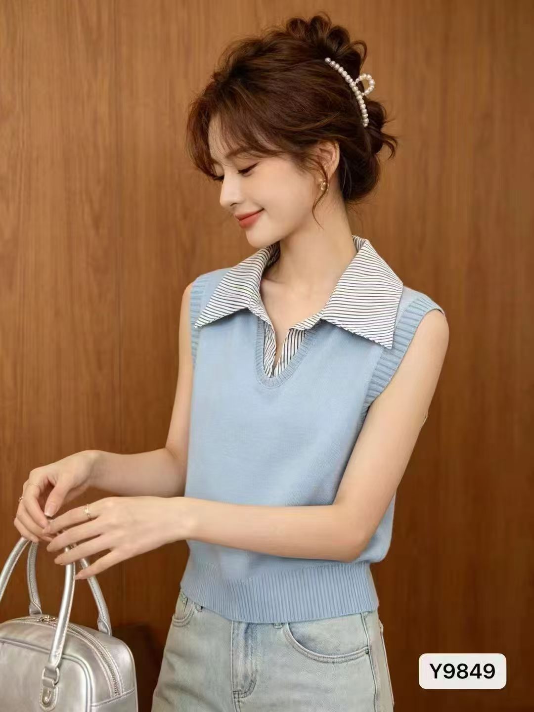 한 부서 품격 스트라이프 셔츠 폴로 칼라 디자인 패치워크 색상 니트 페이크 레이어드 풀오버 조끼 2026 여름 가을 새로운 in 트렌디