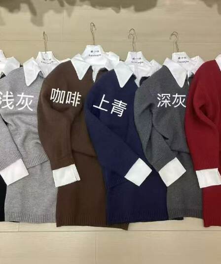 투피스 세트 차가운 핫걸 페이크 레이어드 폴로 칼라 polo 작은 v 단색 스웨터 한 부서 코디 3 점 미니 스커트 세트 ins